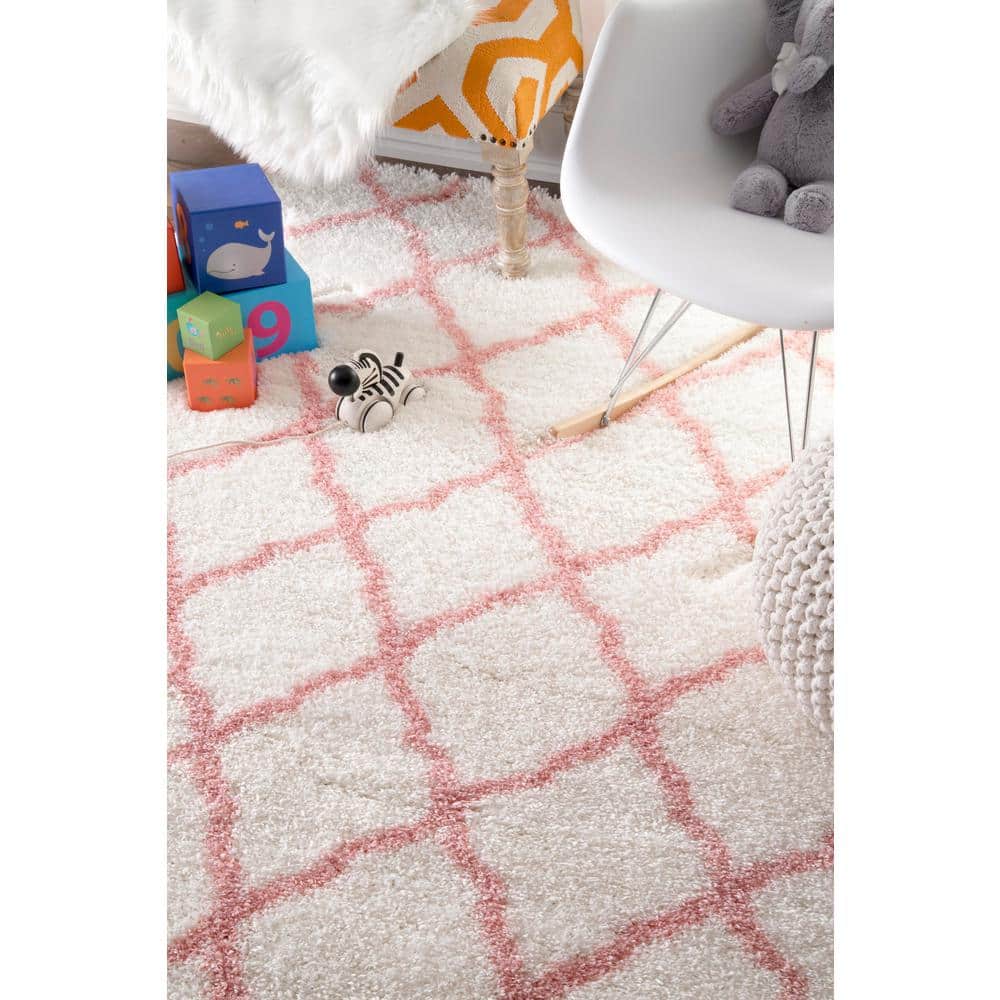 Pink and White Trellis Shag Kids Area Rug 5' x 7'