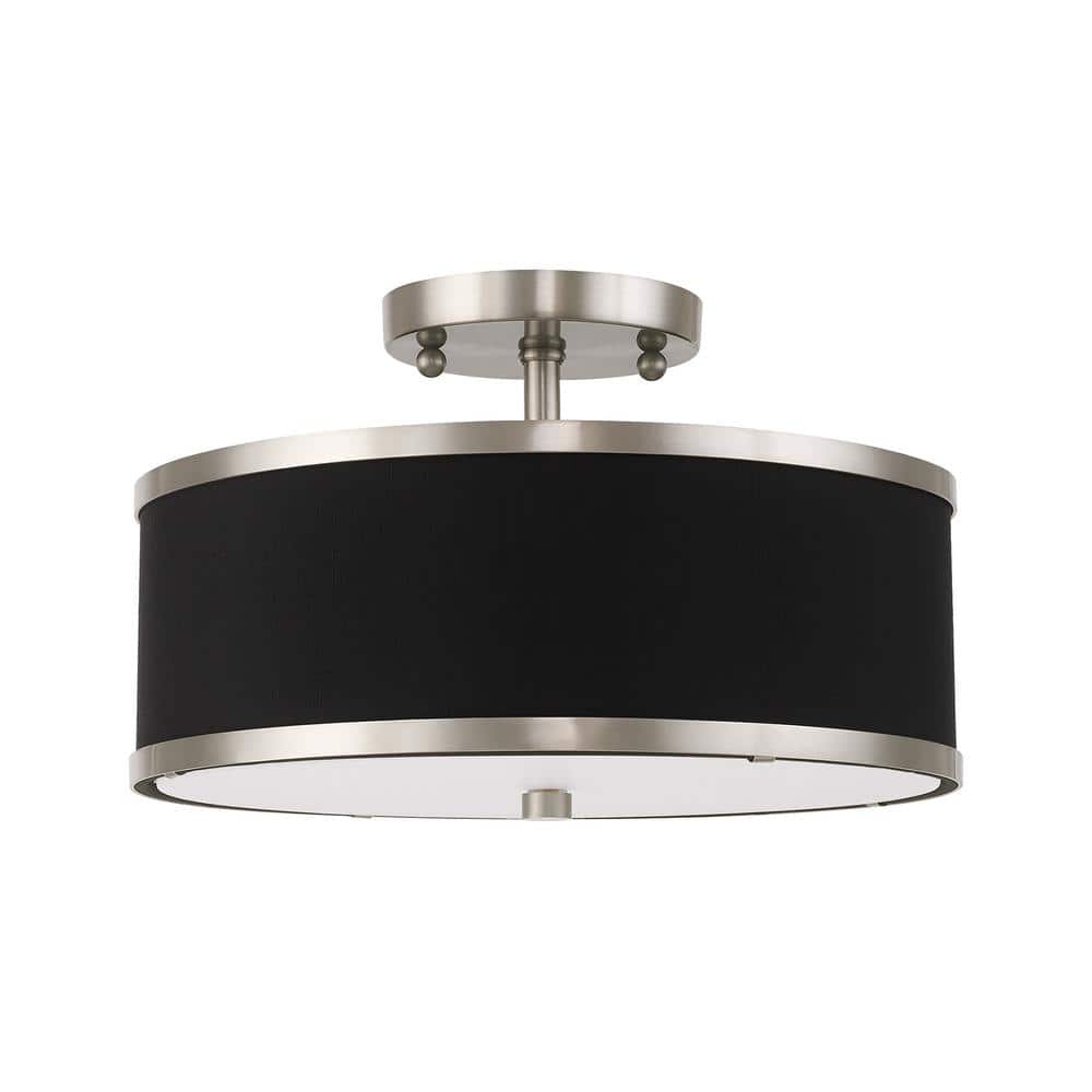 Brushed Nickel and Black Fabric 2-Light Semi-Flush Mount