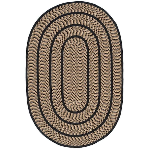 SAFAVIEH Braided Beige/Black Doormat 3 ft. x 5 ft. Oval Border Area Rug