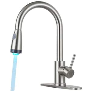 Single Handle Pull Down Sprayer Kitchen Faucet with Pull Out LED Light Sprayer in Brushed Nickel