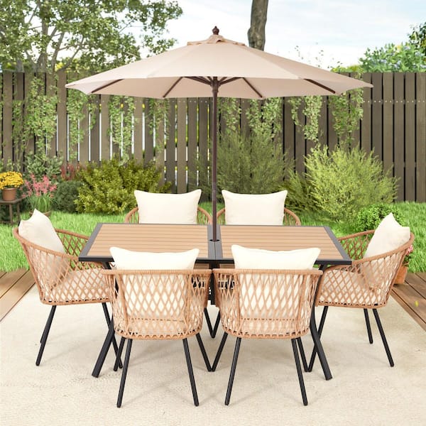 Unbranded 7-Piece Outdoor Dining Chairs and Table Set for 6 Wicke Chairs with Beige Cushion, Rectangular Table with Umbrella Hole