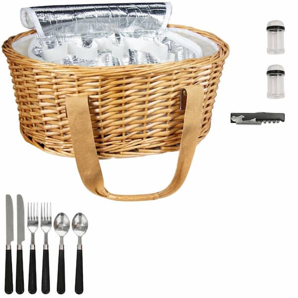 Wicker Picnic Basket Set for 2 with Folding Wine Table, Insulated Cooler Bag and Cutlery Service Kit