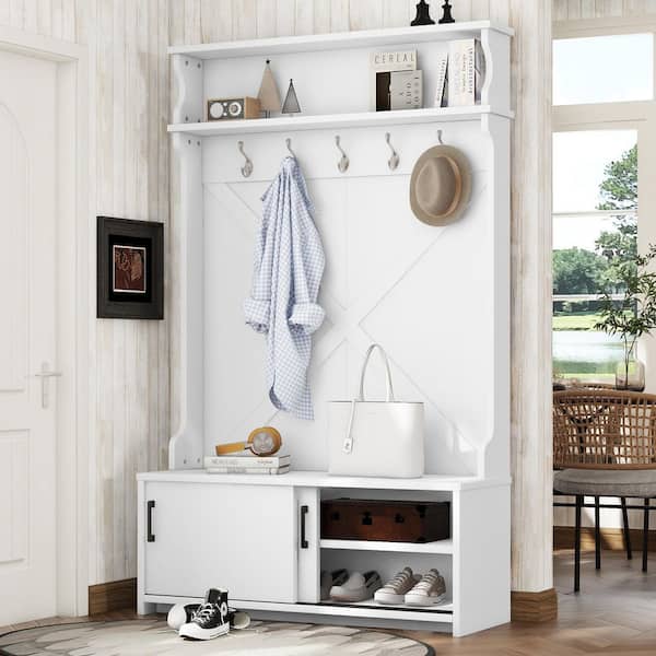 47 in. W x 16 in. D x 75 in. H White Linen Cabinet, Hall Tree with Top Shelf and Storage Bench, Hallway Shoe Cabinet