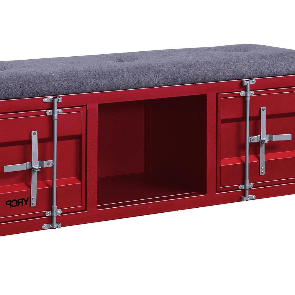 Konto Industrial Gray Fabric & Red Metal Storage Bedroom Bench