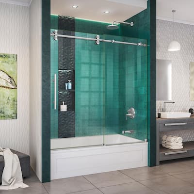 Enigma-XO 55-59 in. W x 62 in. H Fully Frameless Sliding Tub Door in Brushed Stainless Steel