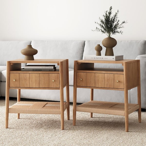 Meads Light Brown 1-Drawer 21 in. W Nightstand with Solid Wood Legs, Brass Handles, and Seagrass Shelf, Set of 2
