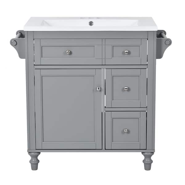 Tatayosi 30 in. Grey Solid Wood Wall Mounted Bathroom Vanity with White Ceramic Basin