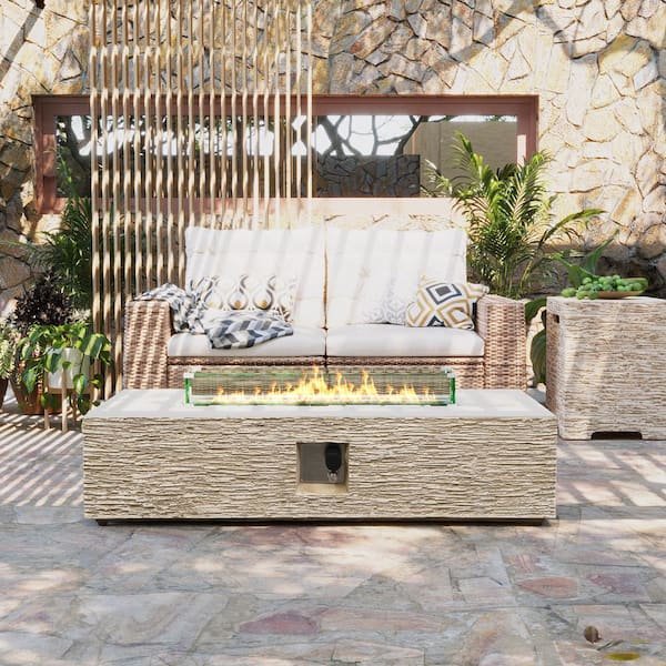 UPHA 56 in. 50000BTU Outdoor Beige Rectangle Magnesium Oxide Fire Pit Table with Glass Cover and Propane Tank Cover