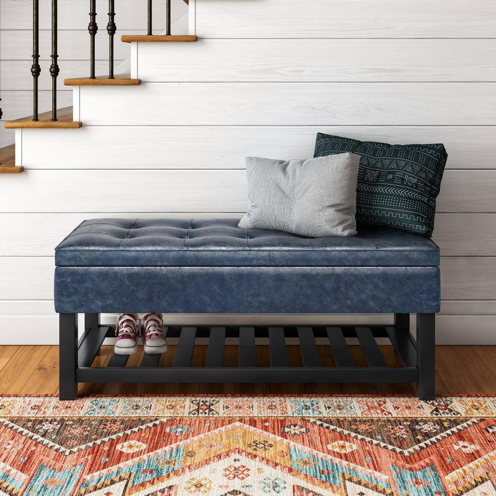 Denim Blue Faux Leather Tufted Ottoman Bench with Open Storage