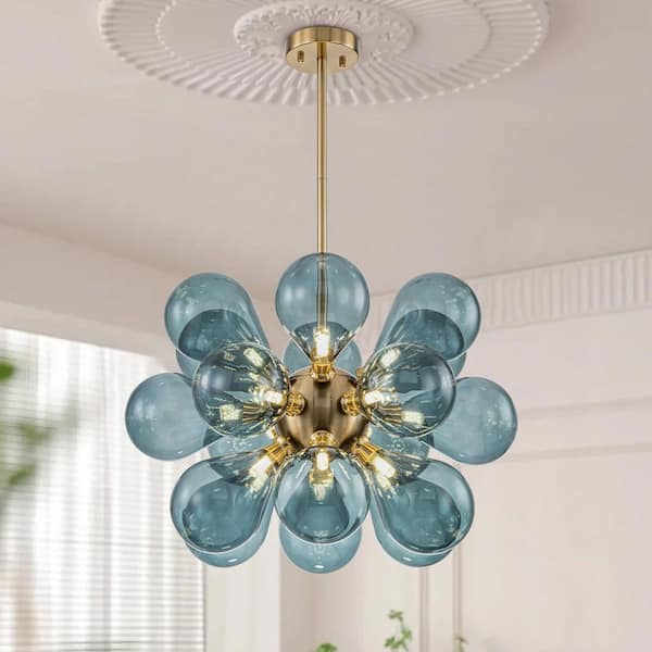Aureli Sphere 18-Light Antique Brass Cluster Chandelier with Deep Blue Bubble Glass Shades for Dining Room