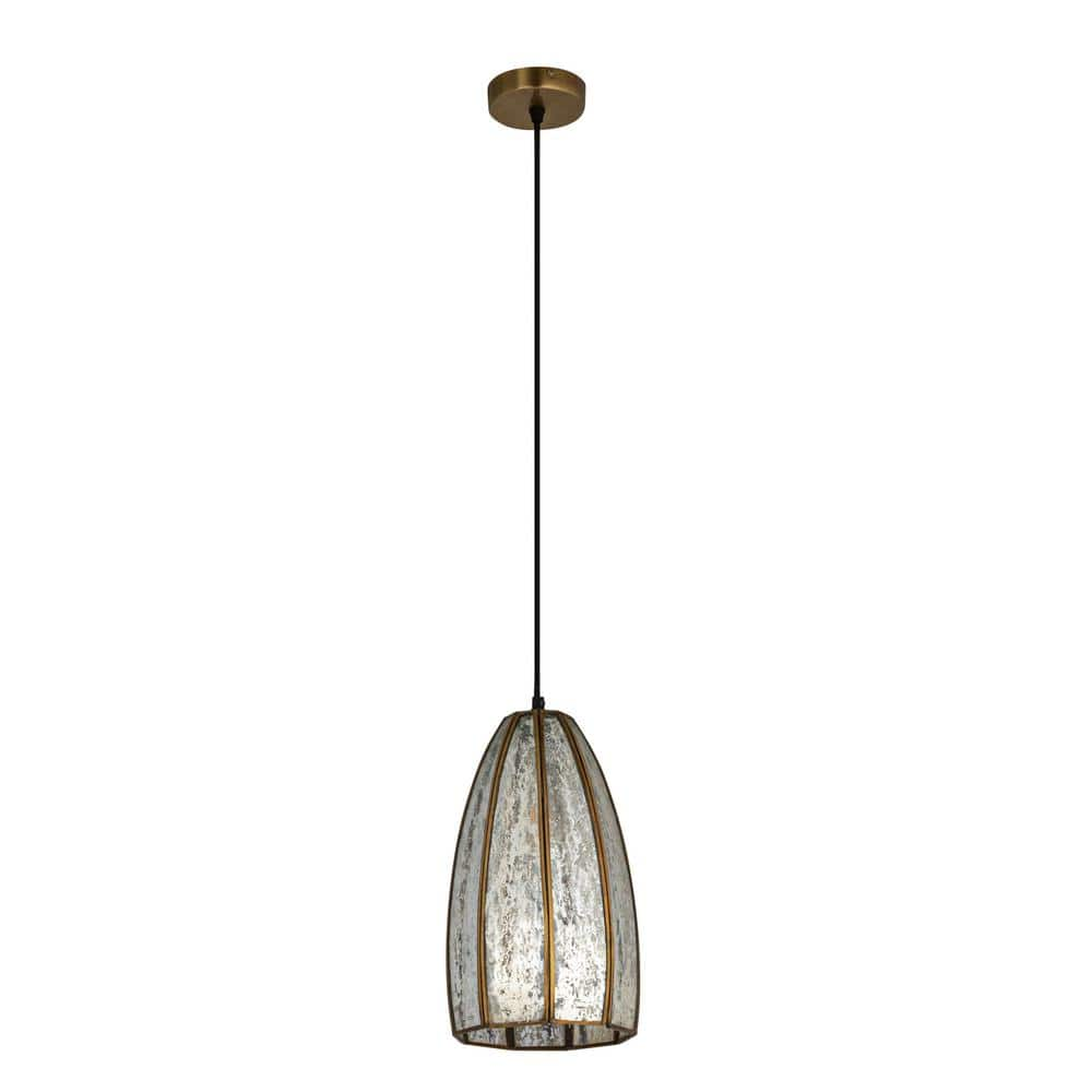 1-Light Gold Striped Design Antiqued Mirrored Mercury Pendant Light with Glass Shade