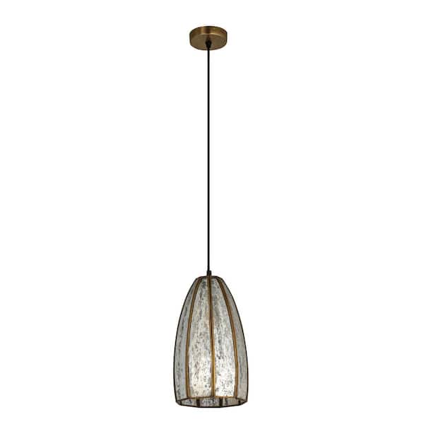 Storied Home 1-Light Gold Striped Design Antiqued Mirrored Mercury Pendant Light with Glass Shade