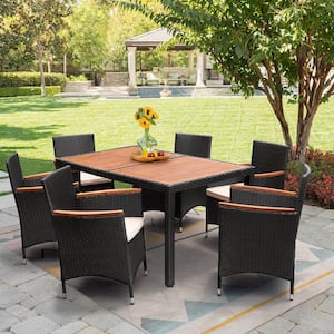 7-Piece Acacia and Wicker Outdoor Dining Set with Beige Cushions