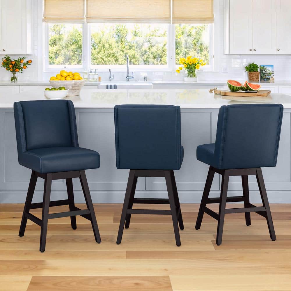Joyce 26 in. Dark Blue Faux Leather Upholstered Swivel Bar Stool with Solid Wood Leg Counter Stool (Set of 3) price history on PriceWatchPro