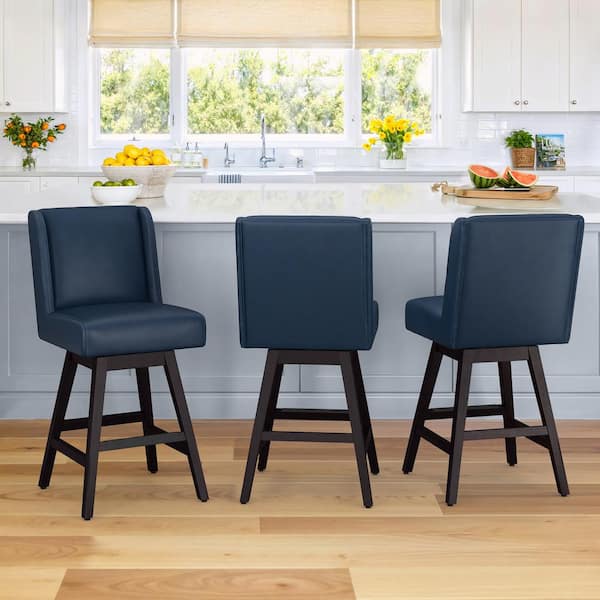 LUE BONA Joyce 26 in. Dark Blue Faux Leather Upholstered Swivel Bar Stool with Solid Wood Leg Counter Stool (Set of 3)
