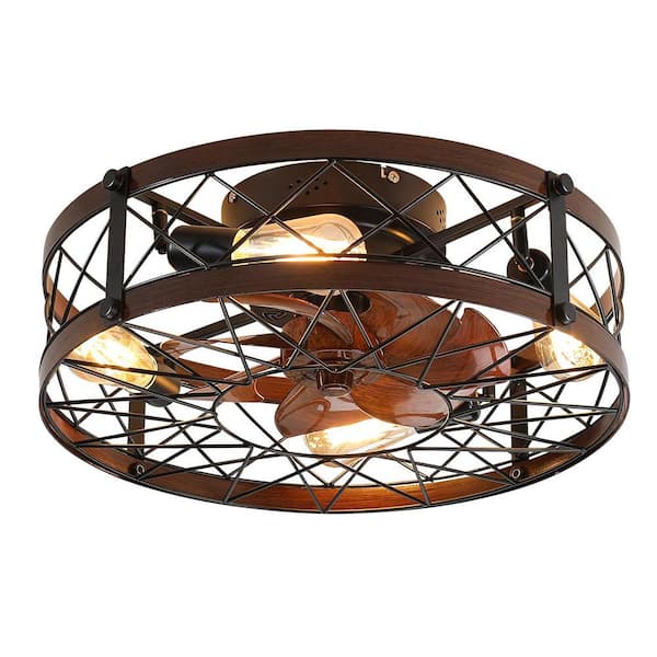 20 in. 4-Light indoor Wood Grain Farmhouse Caged Low Profile Ceiling Fan Flush Mount Remote Control with Bulbs Included