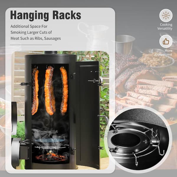 PHI VILLA Vertical Charcoal Smoker Grill in Black with Extra Side