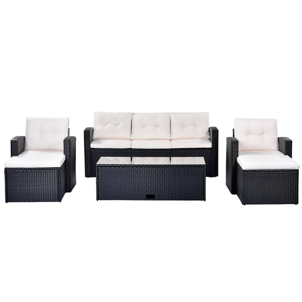 Zeus & Ruta Black Wicker Outdoor Chaise Lounge with Beige Cushions wq