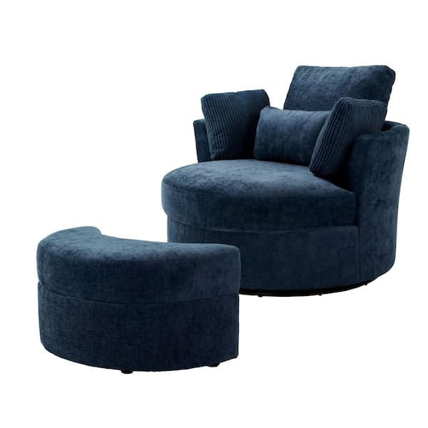 Navy Blue Cotton Upholstered 360° Swivel Accent Barrel Chair with Storage Ottoman and Corduroy Pillows (Set of 1)