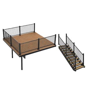 Apex Attached 12 ft. x 12 ft. Himalayan Cedar PVC Deck Kit and 10-Step Stair Kit with Steel Framing and Aluminum Railing