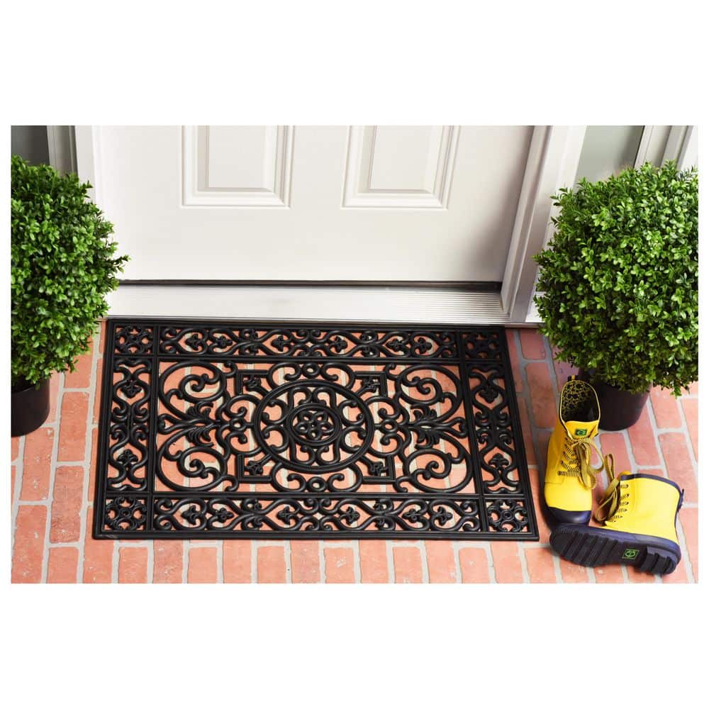 Black and Gray Rubber Scrollwork Outdoor Doormat