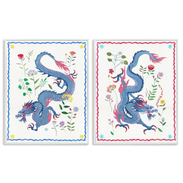 Stupell Industries Dragons with Flower Details by Melissa Wang 2 Pieces White Framed Fantasy Giclee Art Print 30 in. x 24 in.
