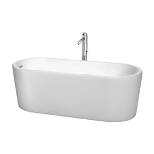 Ursula 67 in. Acrylic Flatbottom Center Drain Soaking Tub in White with Polished Chrome Trim and Floor Mounted Faucet