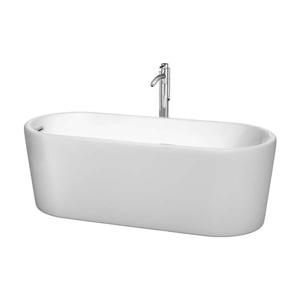 Wyndham Collection Ursula 67 in. Acrylic Flatbottom Center Drain Soaking Tub in White with Polished Chrome Trim and Floor Mounted Faucet