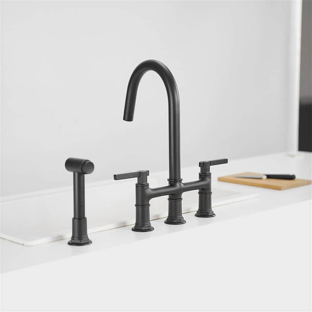 Matte Black Brass Bridge Kitchen Faucet with Side Sprayer