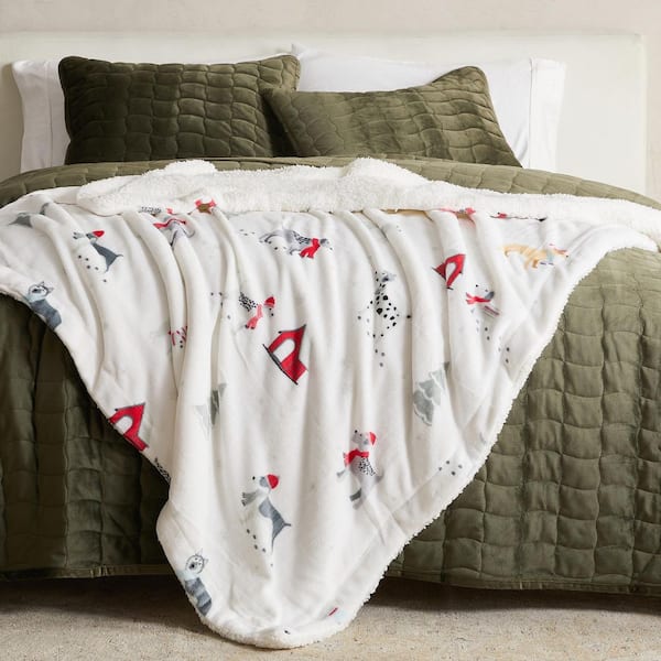 Pups in the Snow Holiday Plush Reversible Sherpa Throw Blanket