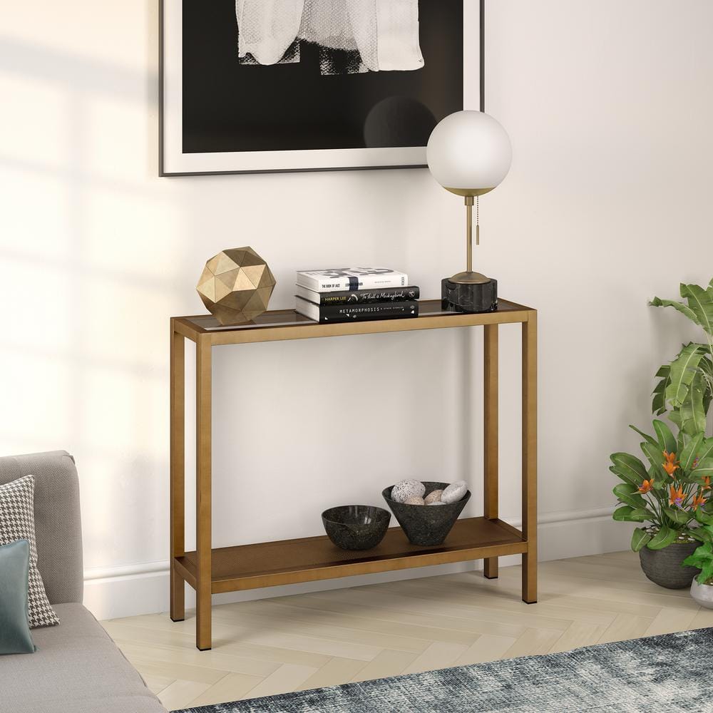Elegant Brass and Glass Rectangular Console Table with Storage, 36"