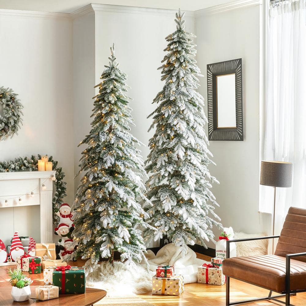 9ft Narrow Flocked Spruce Christmas Tree with Warm White Lights