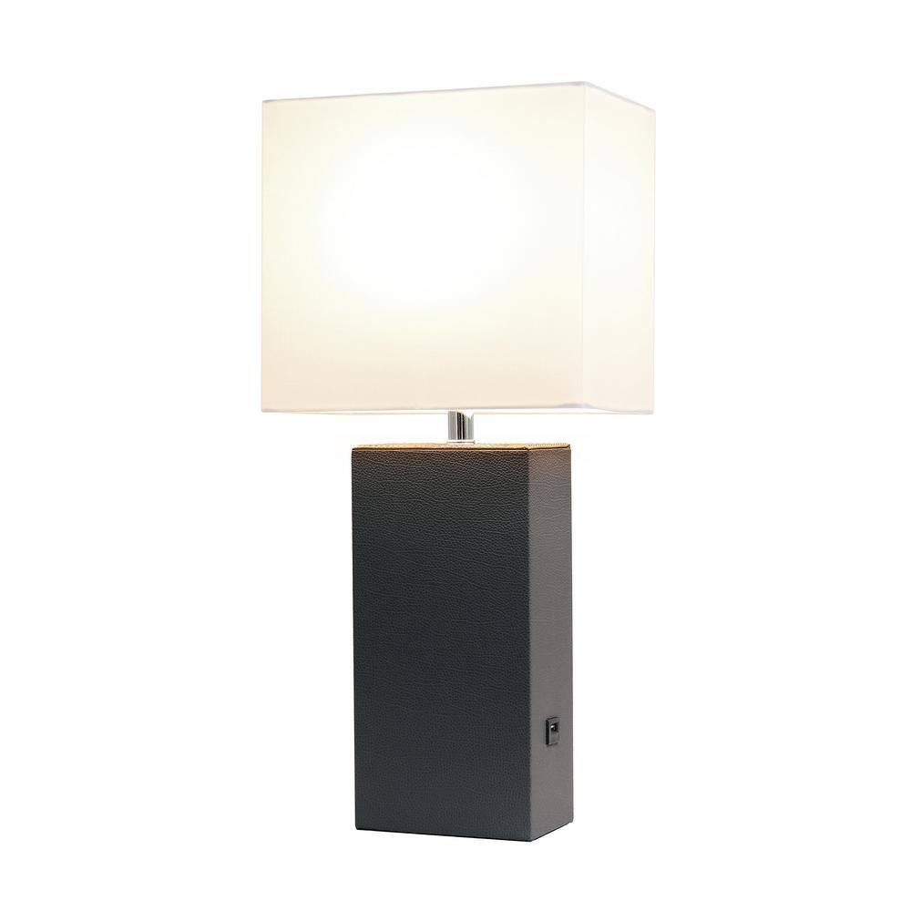 Modern Brown Leather Table Lamp with USB and White Fabric Shade