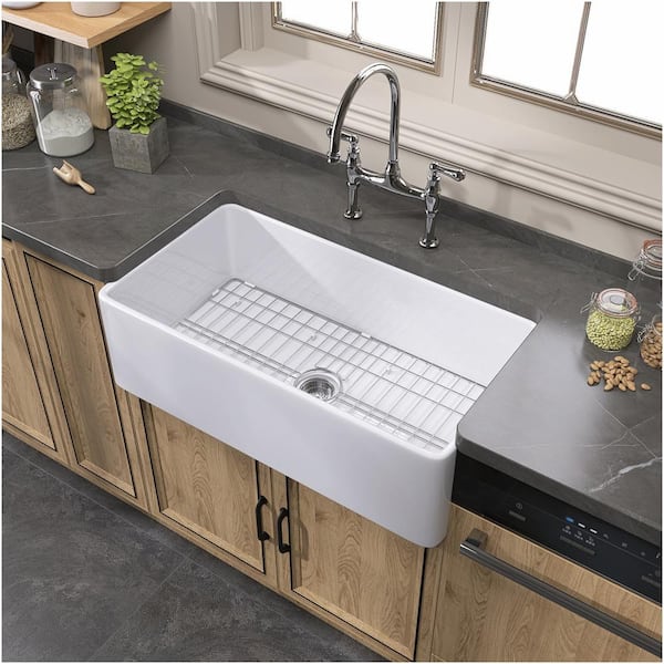 Zeafive 30 in. Apron Front Single Bowl White Fireclay Farmhouse Kitchen Sink With Bottom Grid and Strainer
