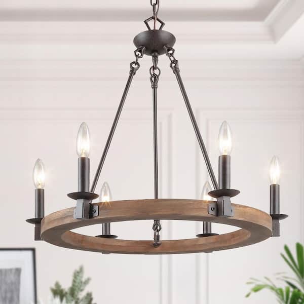 Farmhouse Wagon Wheel Chandelier, 6-Light Distressed Wood Circle Island Light, Rustic Bronze Dining Room Pendant Light