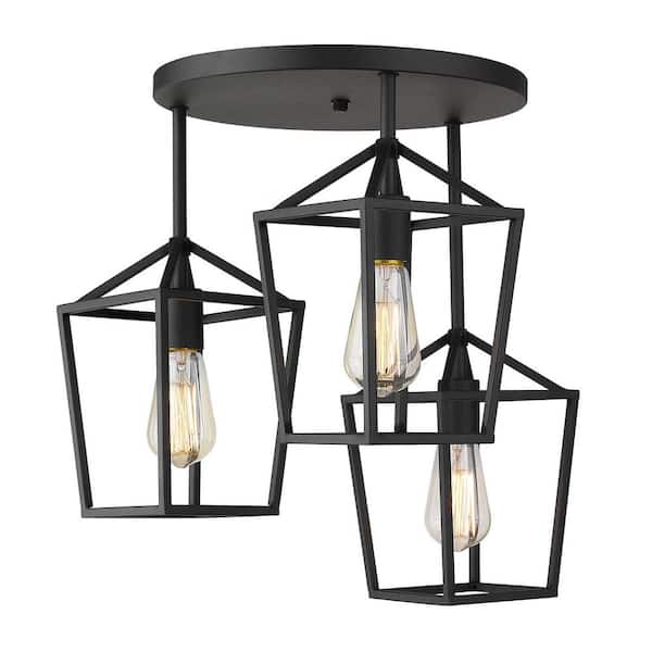 JAZAVA 17.9 in. 3-Light Black Semi Flush Mount with Metal Shade and No Bulbs Included