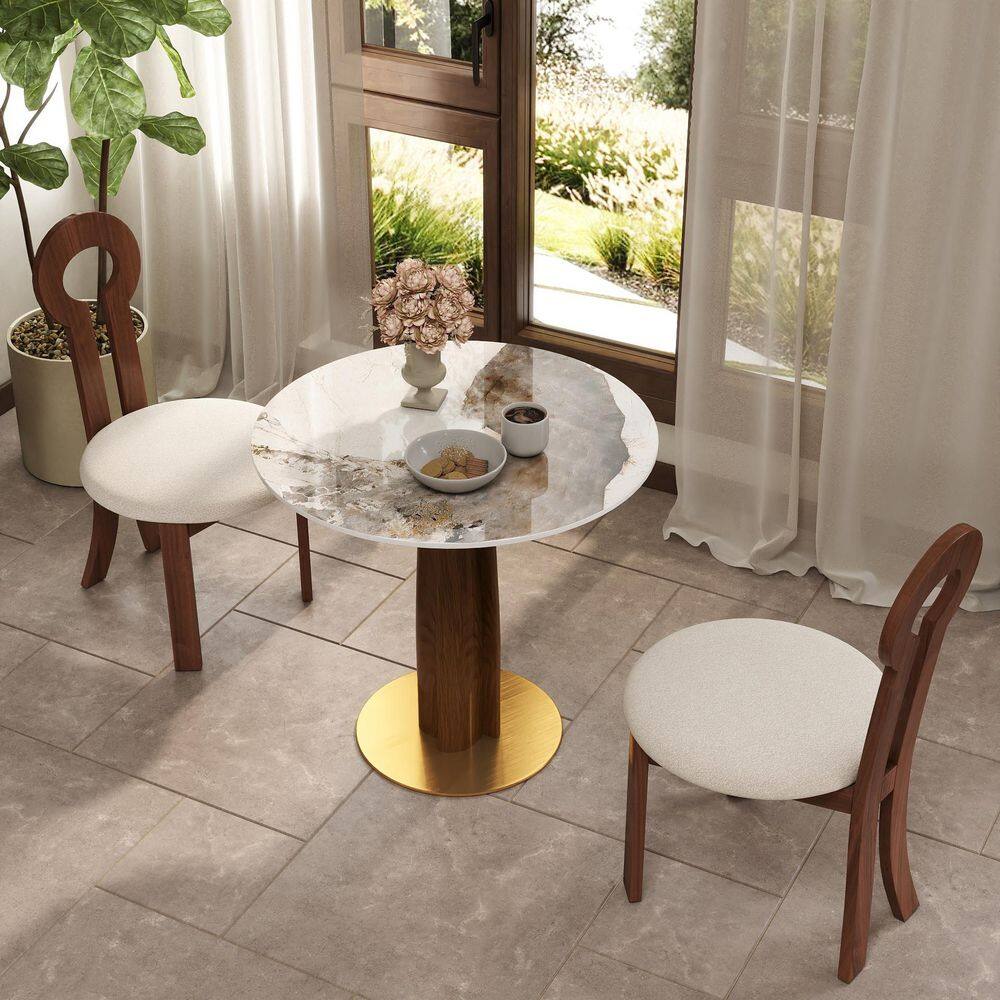 33 in. Modern Round Pandora Sintered Stone Tabletop Dining Table with Solid Wood Pedestal (Seat 2)