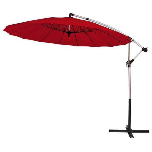 HONEY JOY 10 ft. Aluminum Cantilever Outdoor Offset Hanging Market Umbrella Patio Umbrella with Crank and Cross Base Burgundy