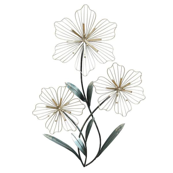 HomeRoots Silver & Blue Tri-Flower Metal Wall Decor
