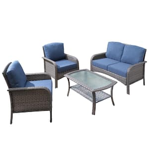 Denali Gray 4-Piece 4-Seat Wicker Modern Outdoor Patio Conversation Sofa Seating Set with Denim Blue Cushions