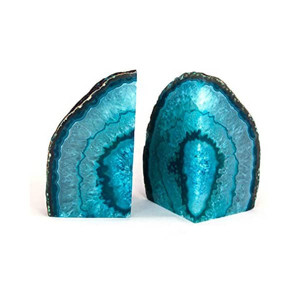 Angel Sar Teal Agate Geode Bookend, Unique Natural Crystal Book Holder 2-3 lbs. with Rubber Bumper for Small Book Kitchen Cookbook