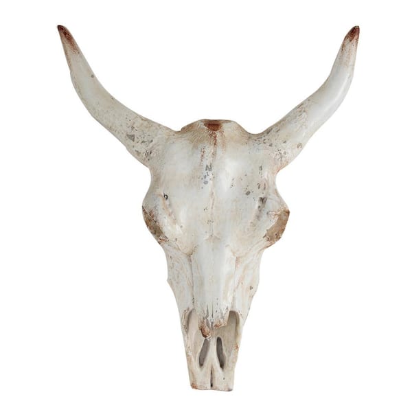 Benjara Realistic Faux Steer Marmag White and Brown Finish Concrete Cow Skull Head Wall Sculpture