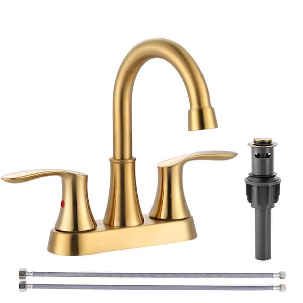 4 in. Centerset Double Handle High Arc Bathroom Faucet with Pop Up Drain and Supply Lines Included in Brushed Gold