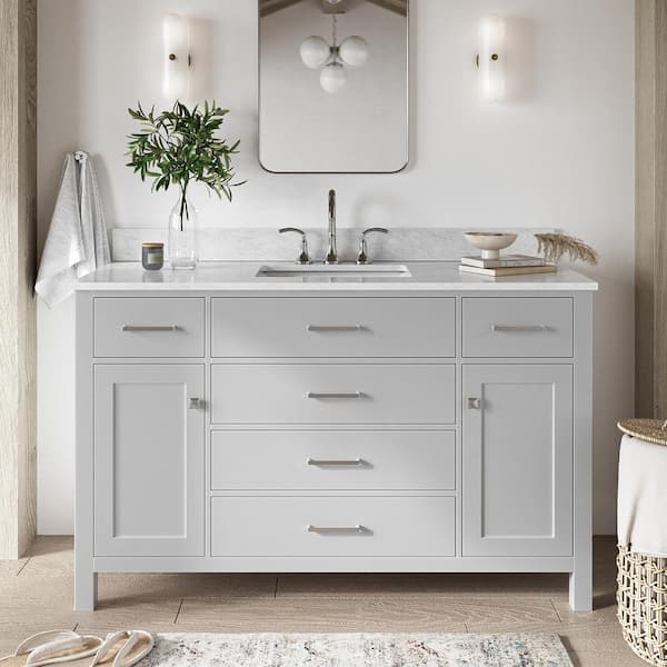 Bristol 55 in. W x 22 in. D x 35.25 in. H Freestanding Bath Vanity in Grey with White Marble Top