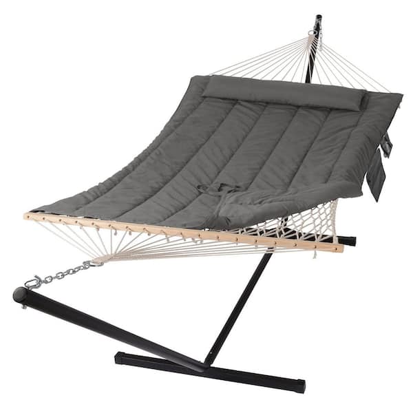 12.25 ft. x 4.3 ft. Double Outdoor Hammock with Stand, 2-person Cotton Rope Hammock with Polyester Pad, Dark Gray