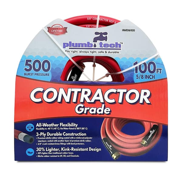 plumb tech Fits right, always tight, safe & durable. 5/8 in. dia. x 100 ft. Hot/Cold Water Hose: Premium Red Nitrile Rubber Multi-Purpose Contractor Grade, BP 500-Piece