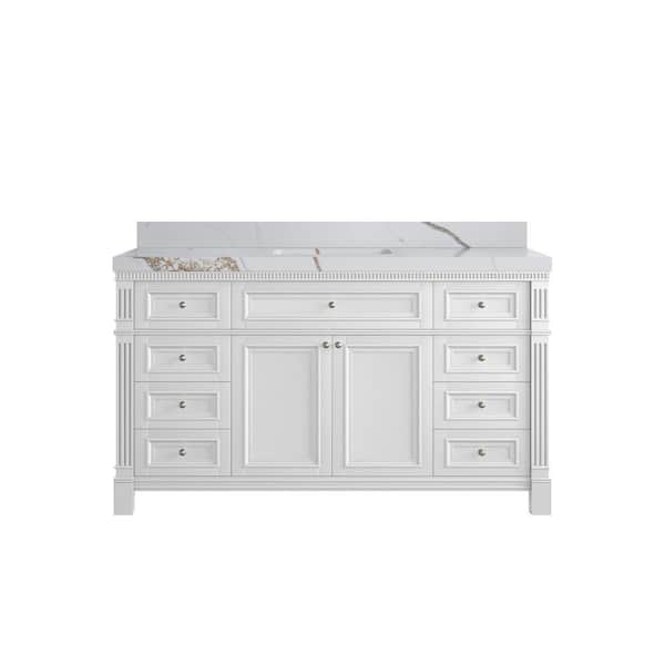 Willow Collections Paris 60 in. W x 22 in. D x 36 in. H Single Sink Bath Vanity in White with 2 in. Calacatta Gold qt. Top
