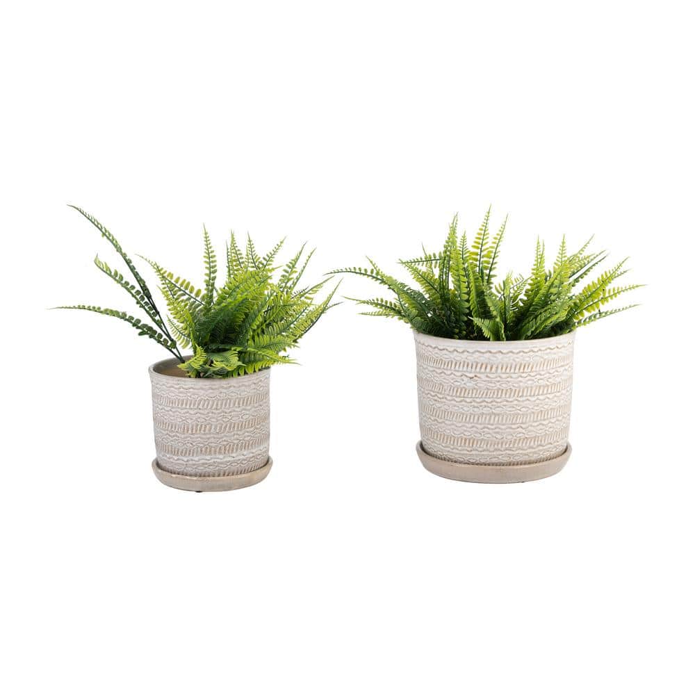 Ivory Beige Ceramic Tribal Planter Set with Saucers