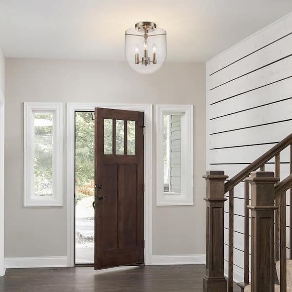 Y'INSP 12.4 in. 3-Light Brushed Nickel Contemporary Semi-Flush Mount with Clear Glass Shade and No Bulbs Included