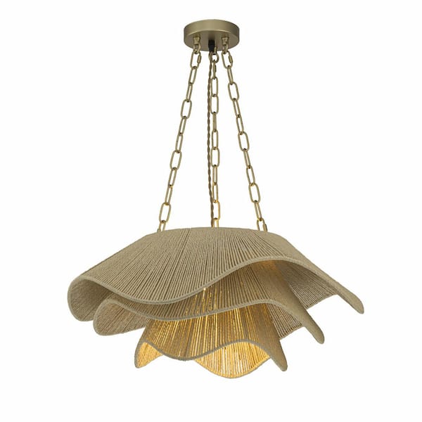 Alana 60 Watt 23 in. 1-Light Gold Natural Coastal Boho 3-Tier Pendant Light for Dining Room with Rattan Shade